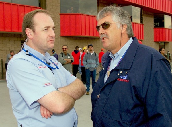 Ford Cosworth's Bruce Wood (L) and Ian Bisco (R) in 2001 at a CART IndyCar race at Fontana