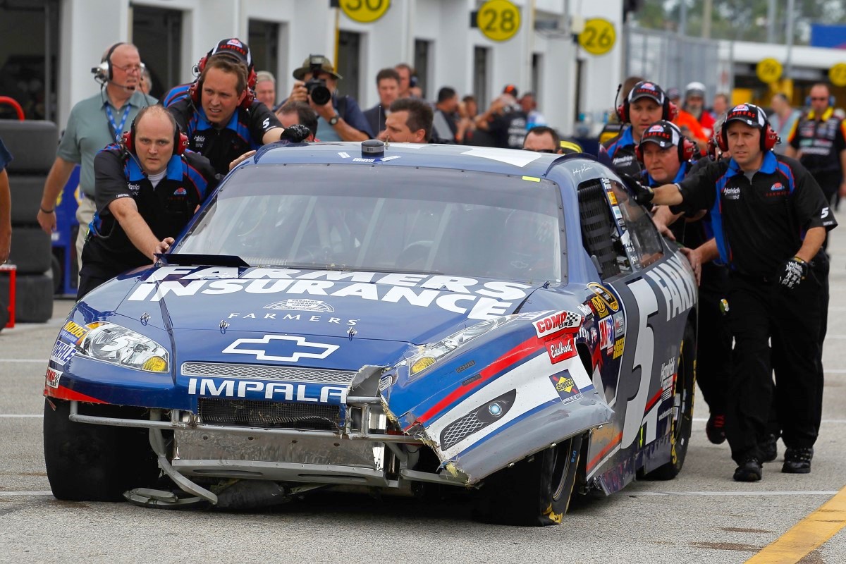 Kahne's wrecked Farmers Insurance Chevy at Daytona in 2012