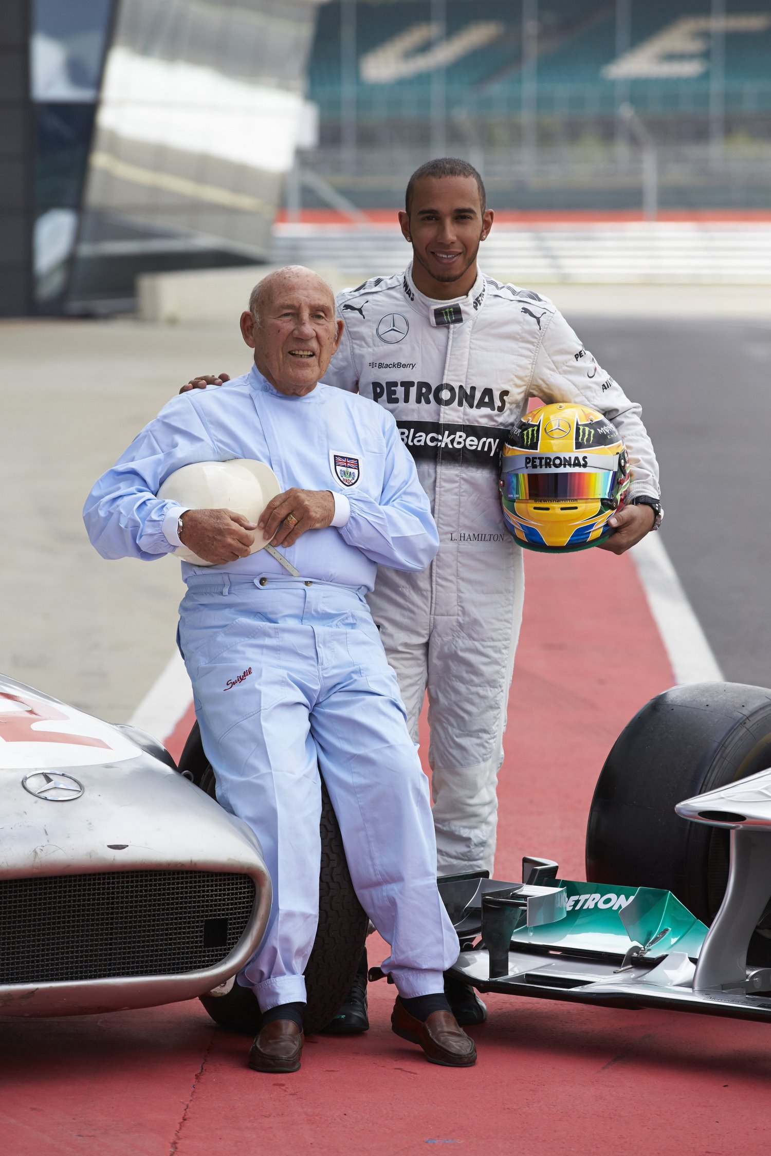 Stirling Moss and Lewis Hamilton in 2013 doing a promo for Mercedes