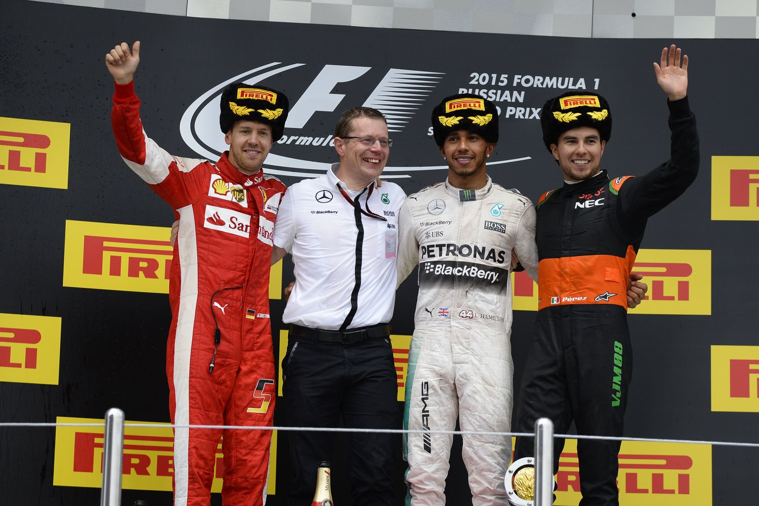 From left, Vettel, Hamilton and Perez