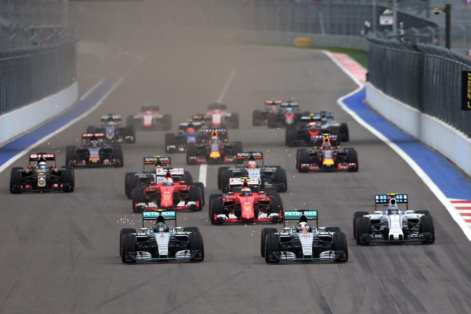 The three Mercedes powered cars take the lead at the start - Rosberg, Hamilton then Bottas