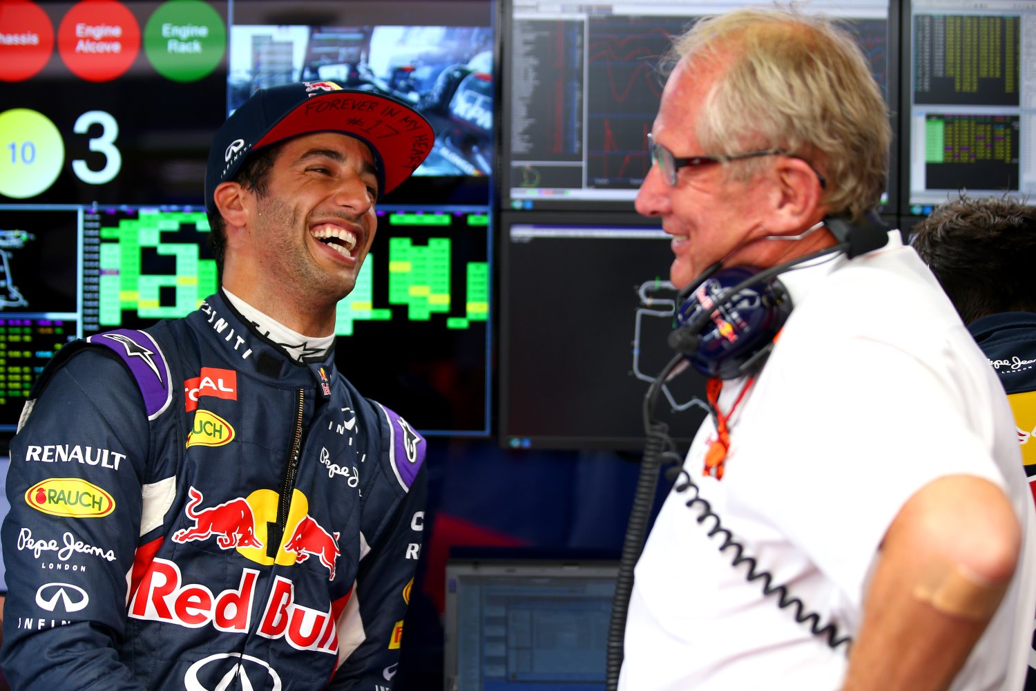 Daniel Ricciardo jokes around with Dr. Helmut Marko