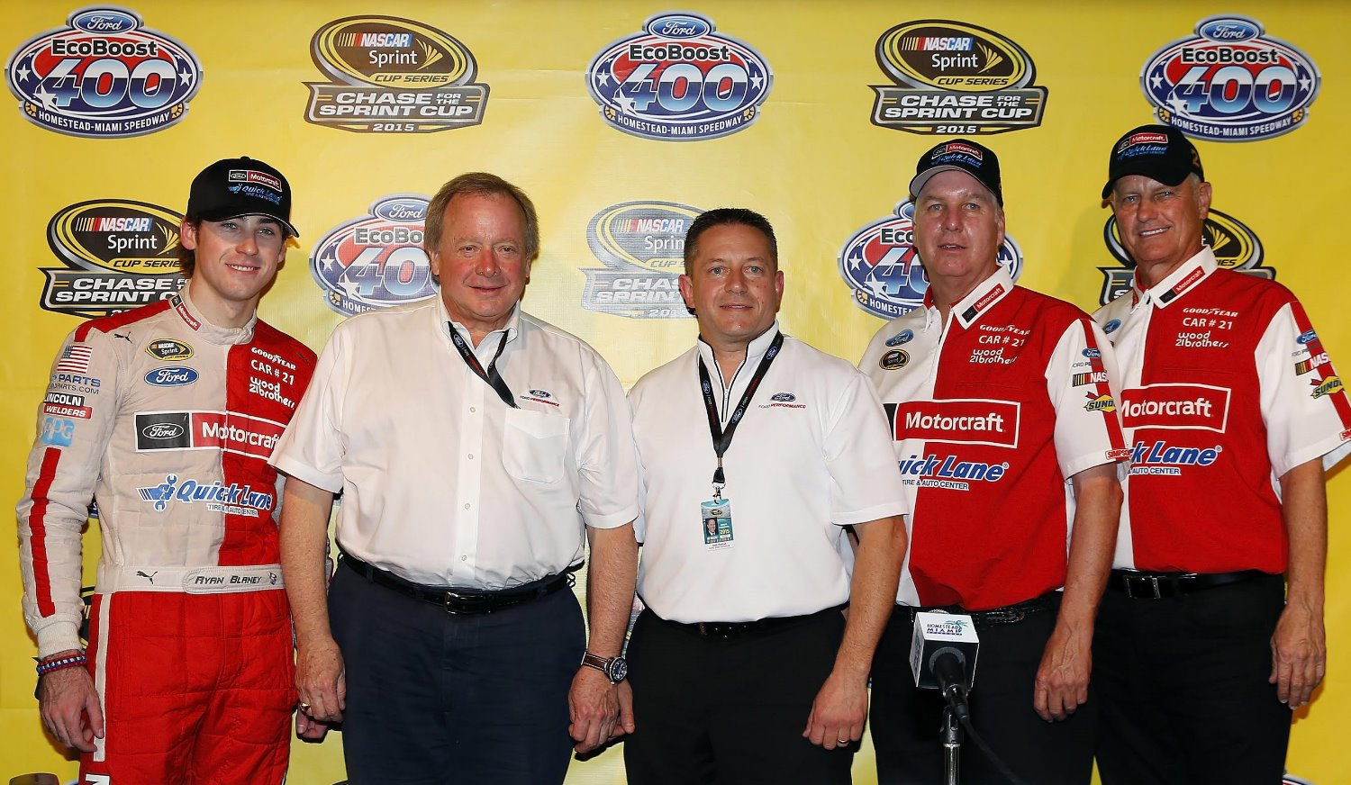 (From left) Driver Ryan Blaney, Ford Board Member Edsel B. Ford II, Director of Ford Performance Dave Pericak, Len Wood and Eddie Wood after announcing that Wood Brothers Racing would run a full-time schedule in 2016