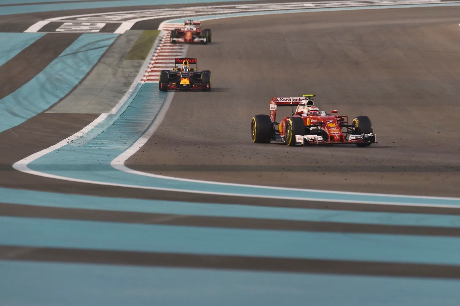 Raikkonen leads Ricciardo and Vettel in Abu Dhabi. Vettel would eventually beat them both