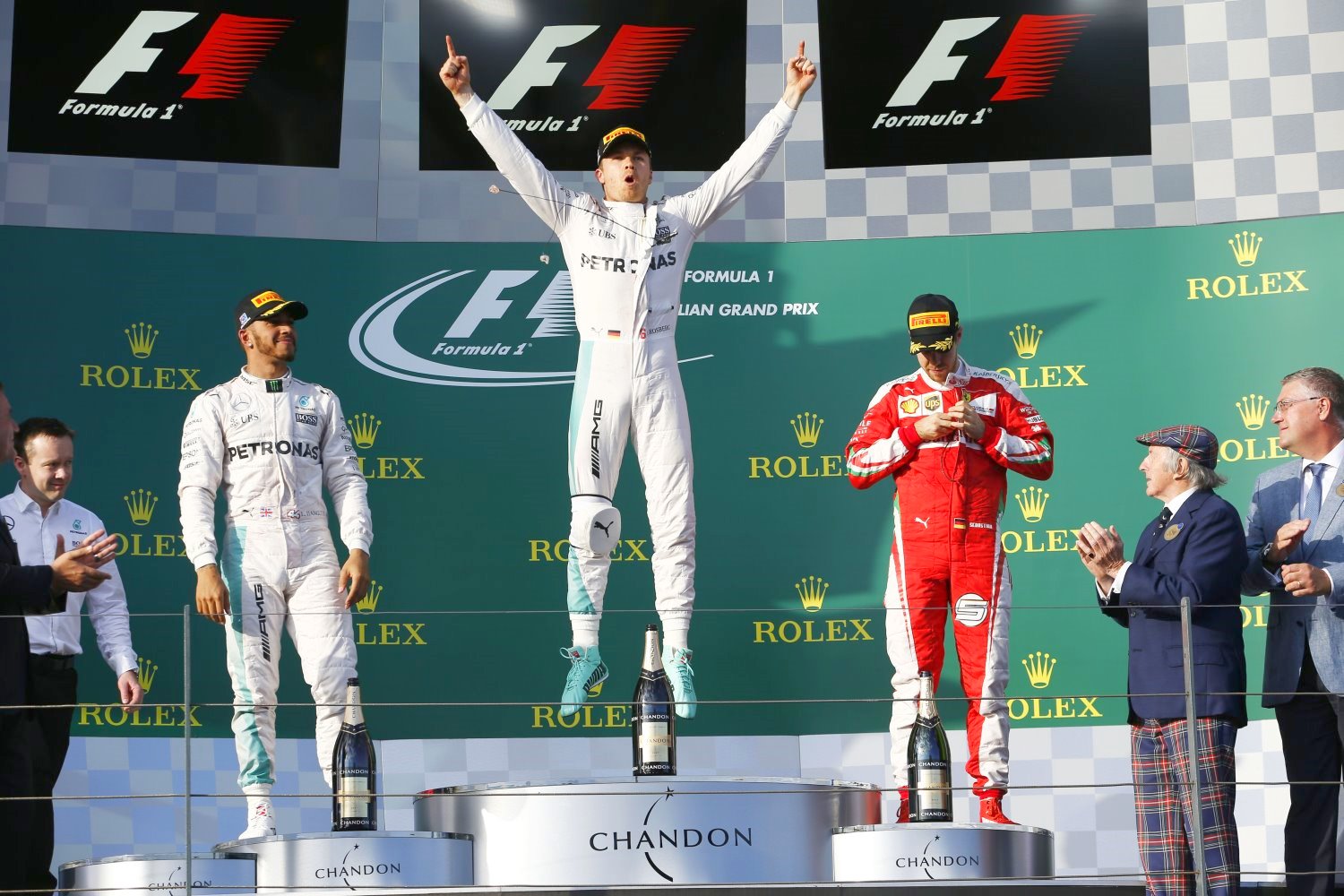 From left, Hamilton, Rosberg and Vettel celebrate on the podium
