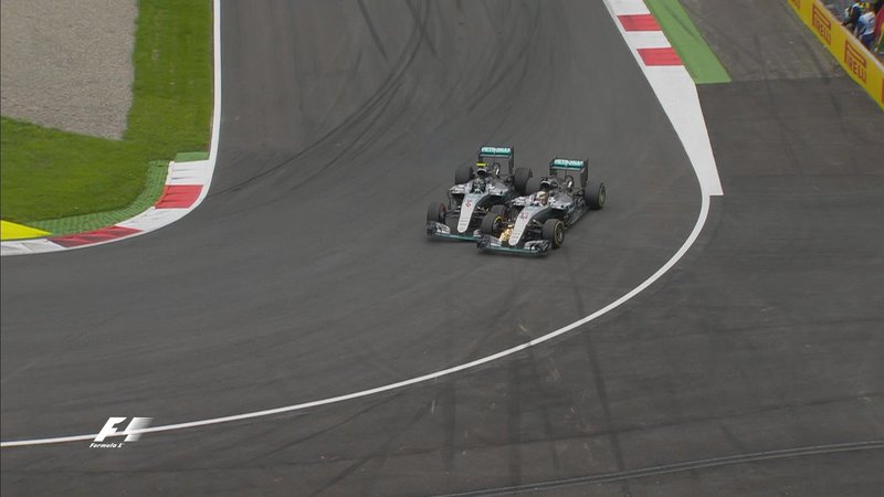 Rosberg and Hamilton make contact in turn 2