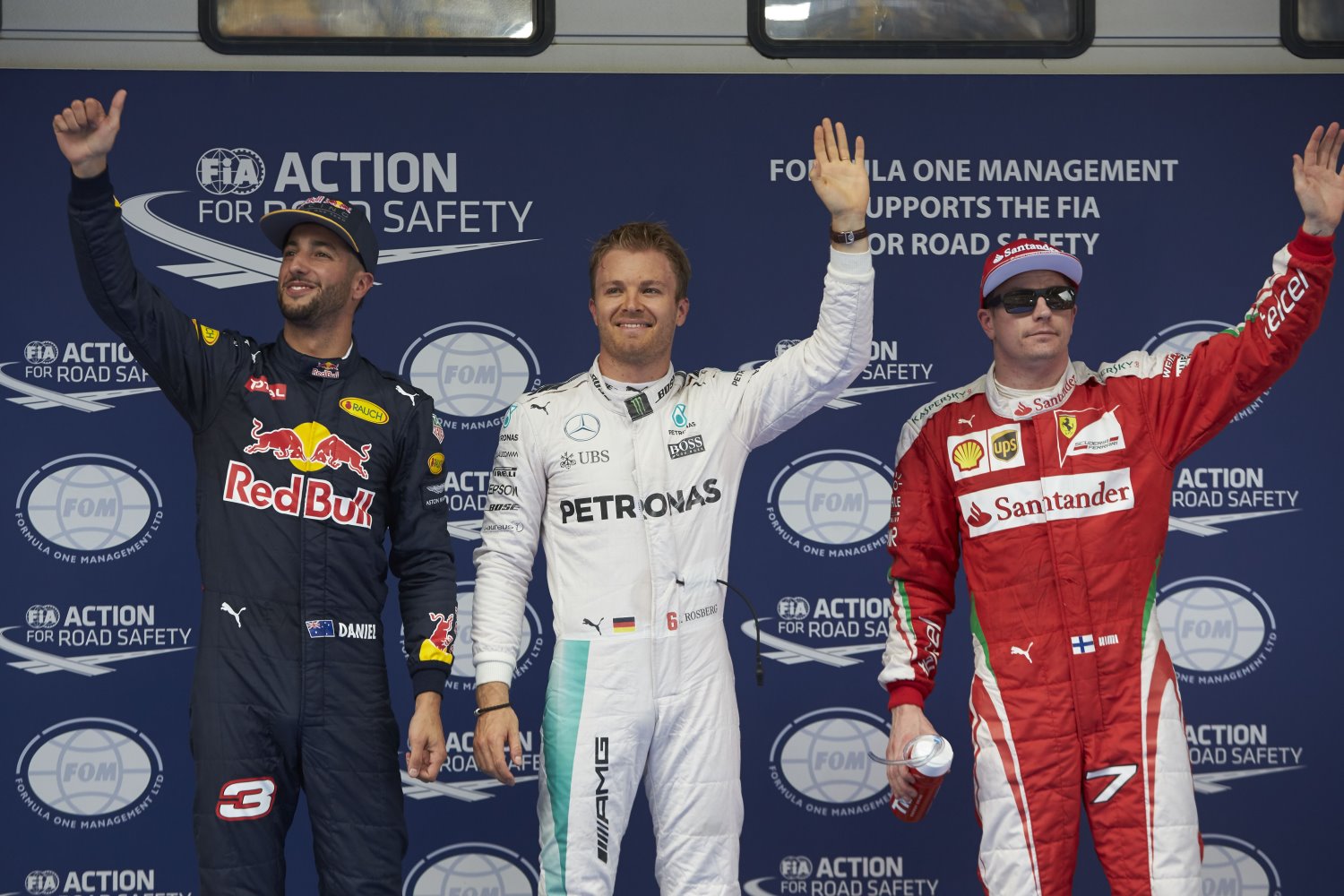 From left, Ricciardo, Rosberg and Raikkonen