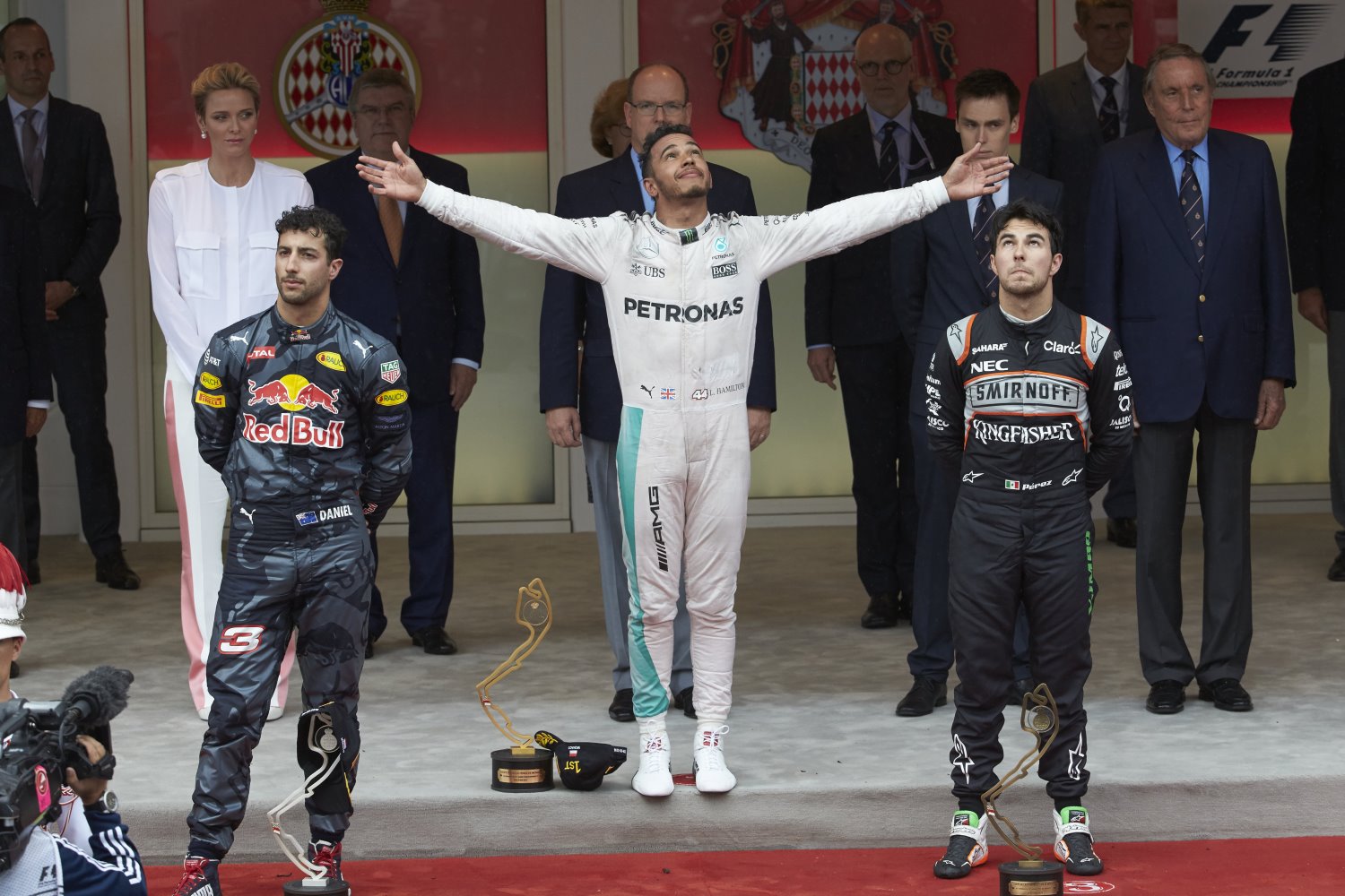 From left, Ricciardo, Hamilton and Perez