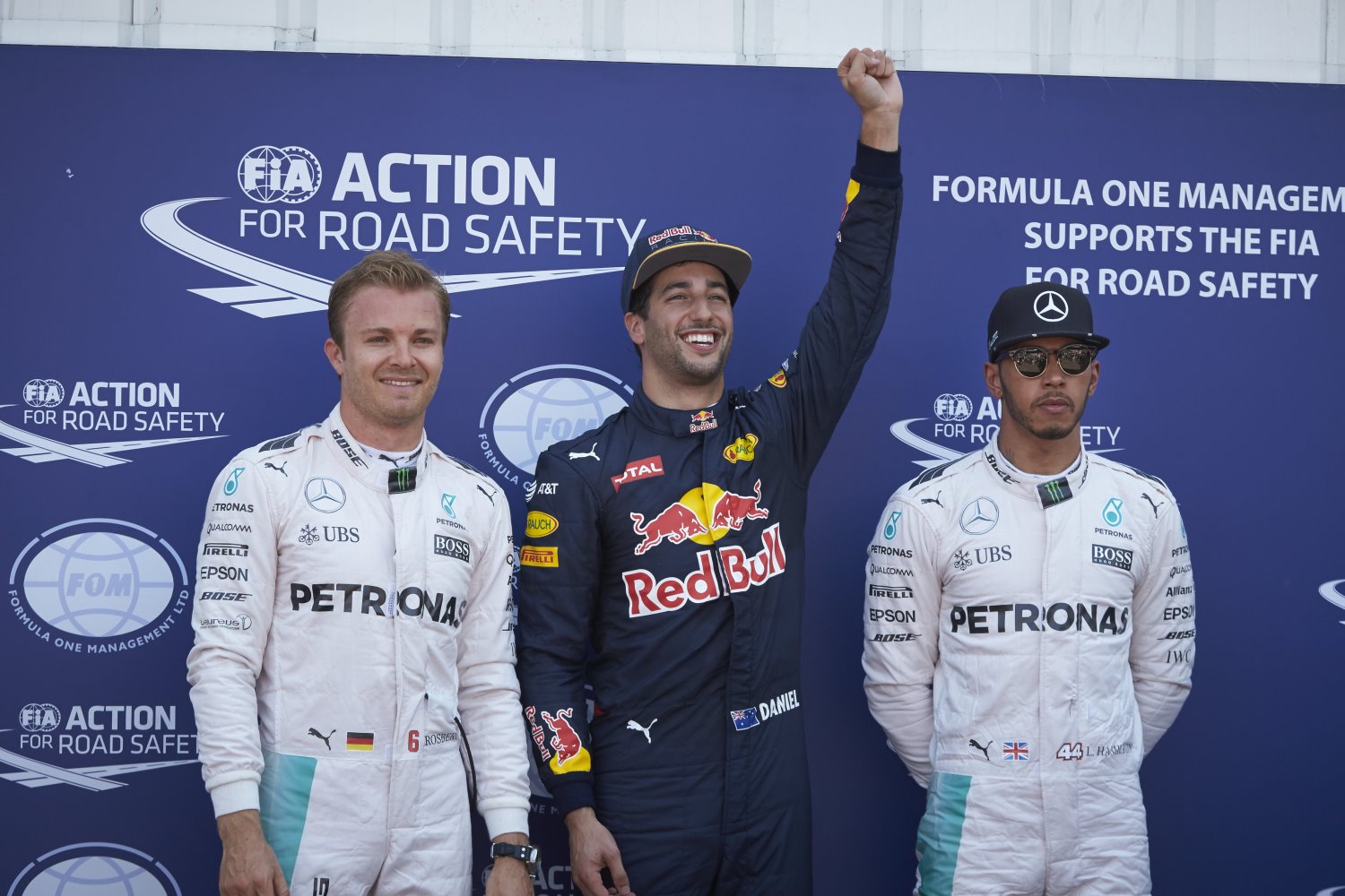 From left, Rosberg, Ricciardo and Hamilton