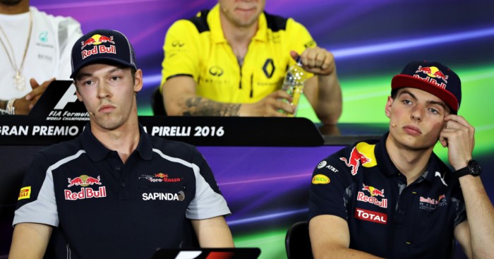 Talk about being inconsiderate - they sat Kvyat right next to the driver that took his ride - Verstappen. Could they lean any further apart from one another?