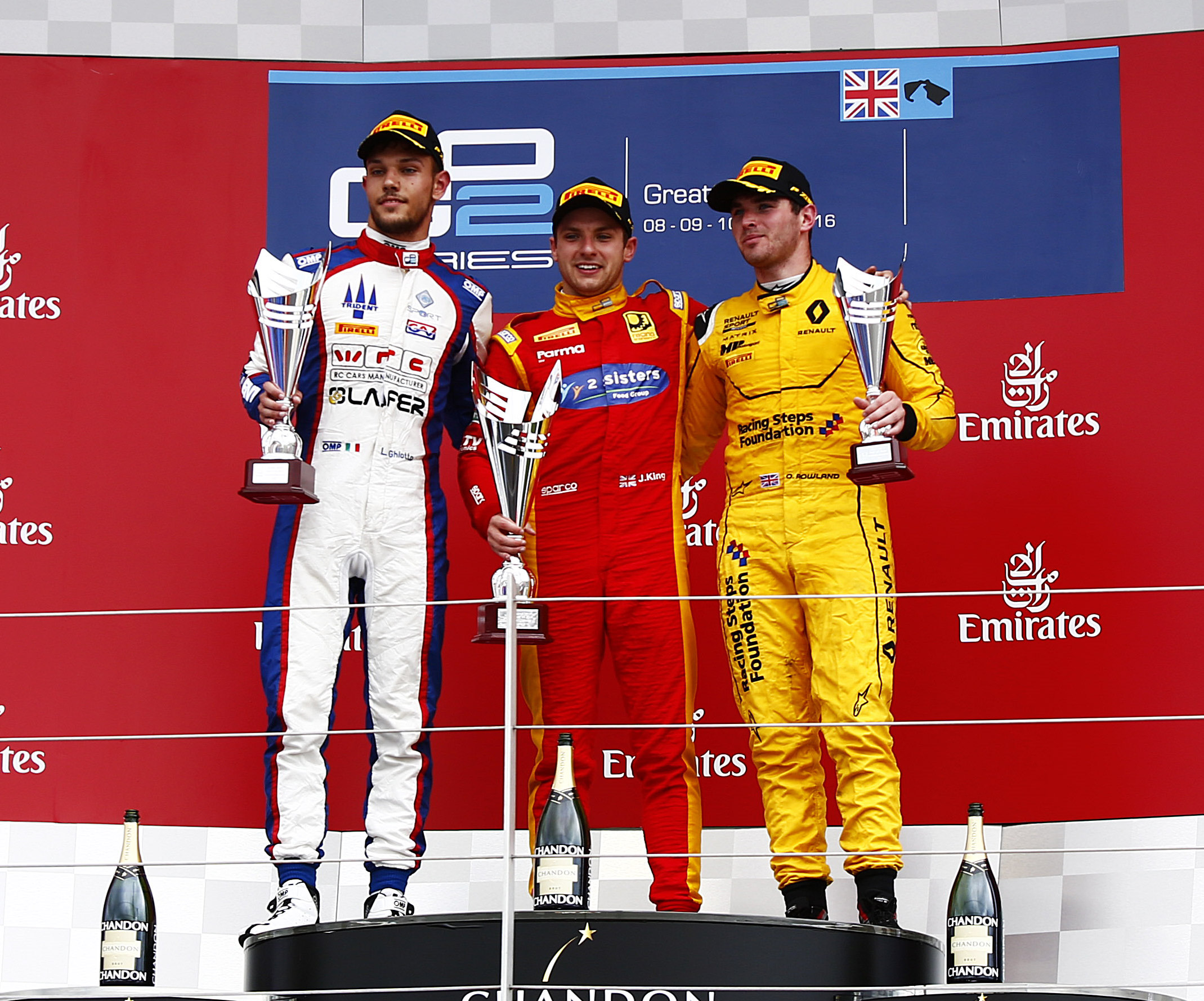 Jordan King (Center, Racing Engineering), Luca Ghiotto (Trident), Oliver Rowland (MP Motorsport)
