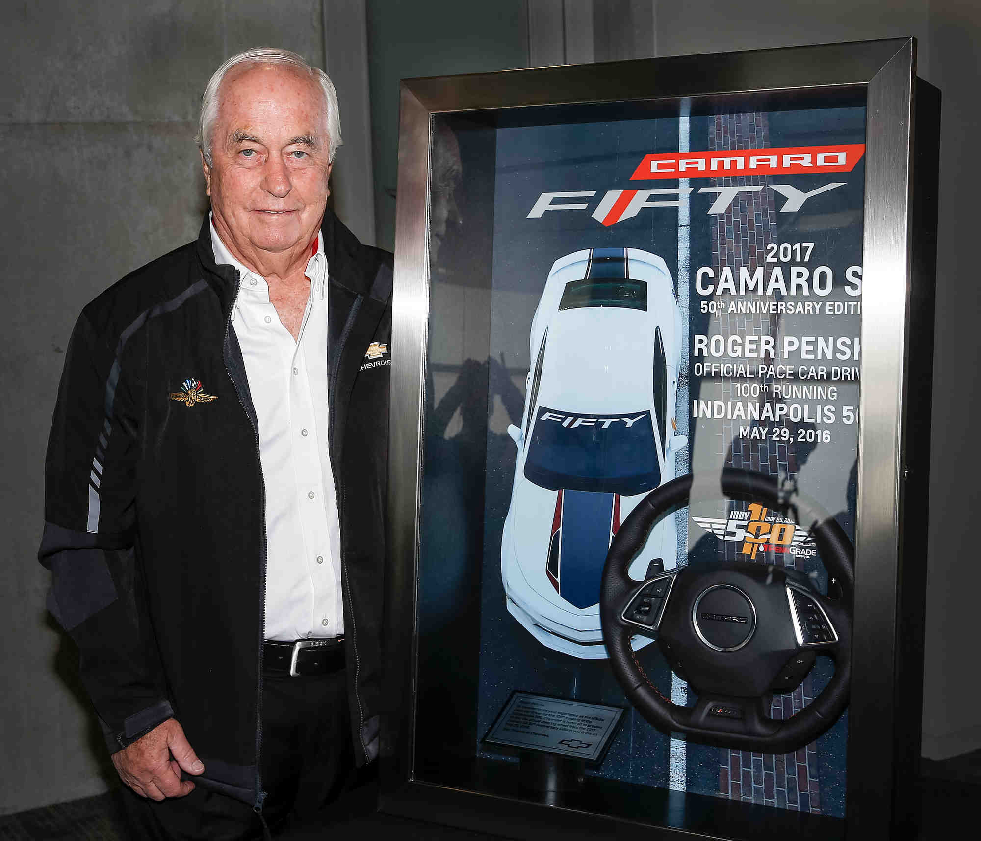 Chevrolet presents IndyCar team owner and racing legend Roger Penske with the 2017 Camaro SS 50th Anniversary Edition pace car steering wheel in celebration of his 50 years as a race team owner Friday, May 13, 2016 at the Indianapolis Motor Speedway in Indianapolis, Indiana. Penske will drive the Camaro SS pace car to lead the field for the 100th running of the Indianapolis 500 on May 29.