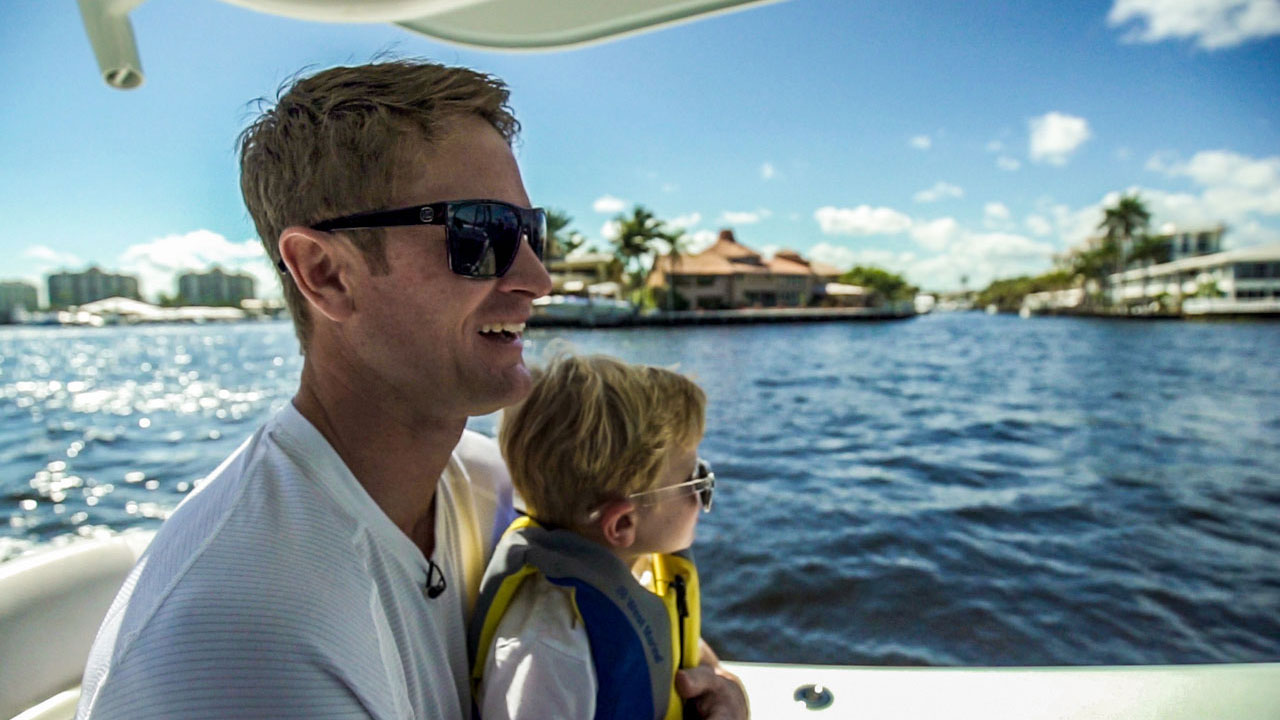 Ryan Hunter-Reay on his boat with son Ryden