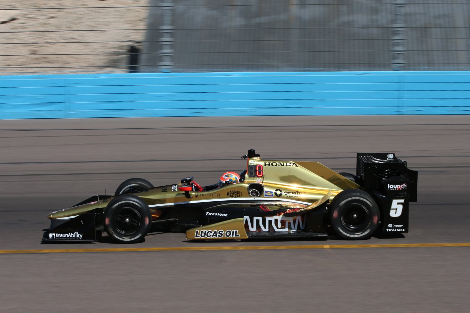 Hinchcliffe in the Arrow sponsored car testing at Phoenix