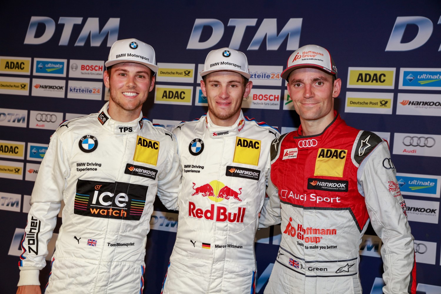 #11 Marco Wittmann (GER, BMW Team RMG, BMW M4 DTM), #31 Tom Blomqvist (GBR, BMW Team RBM, BMW M4 DTM), #53 Jamie Green (GBR, Audi Sport Team Rosberg, Audi RS5 DTM)