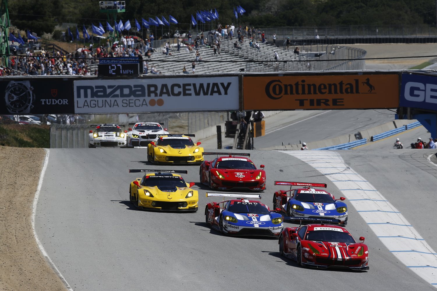 In GTLM action Ferrari leads the two Ford GTs and Corvettes