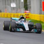 Sparks fly from the Mercedes of Bottas