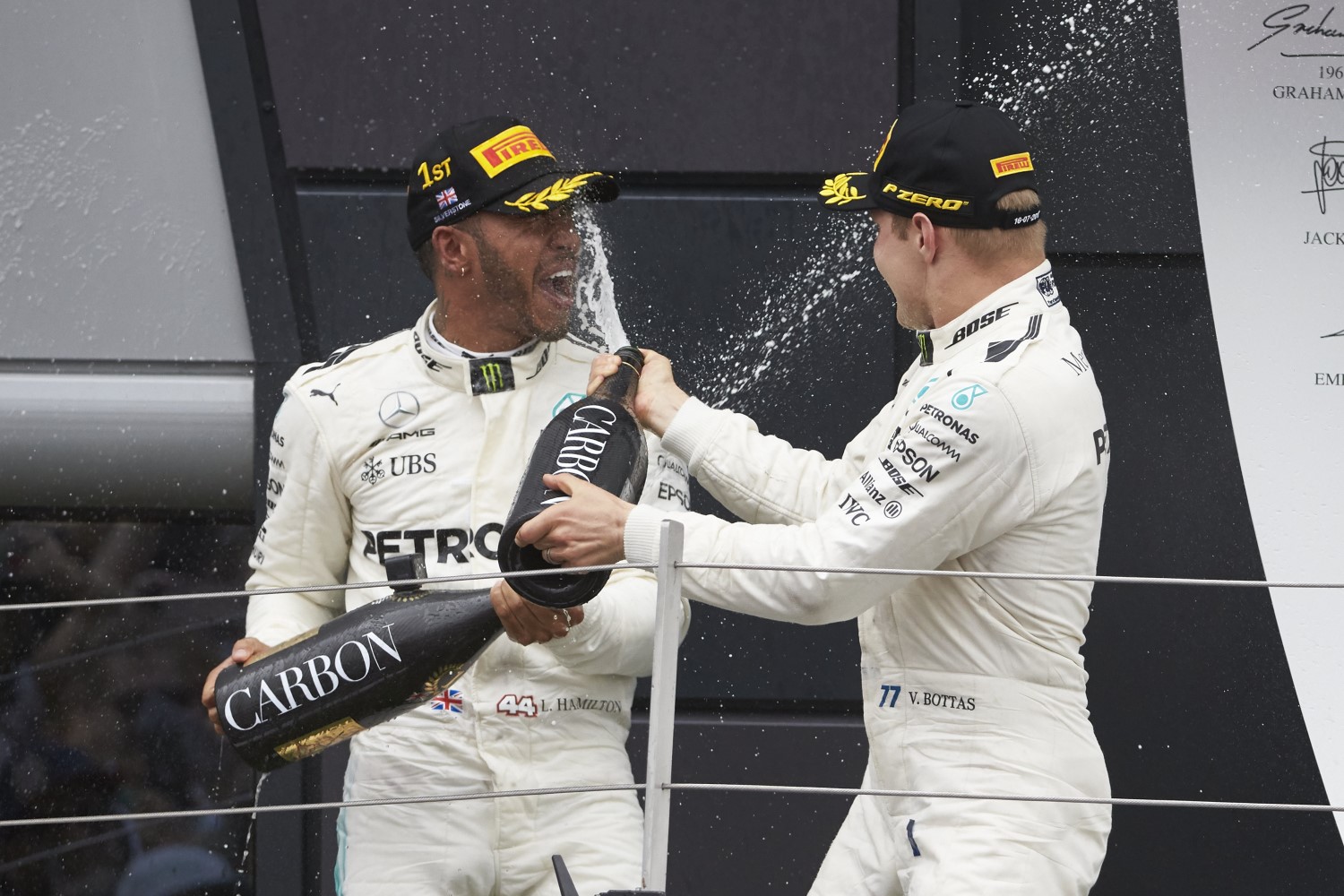 Hamilton and Bottas at Silverstone with Champagne
