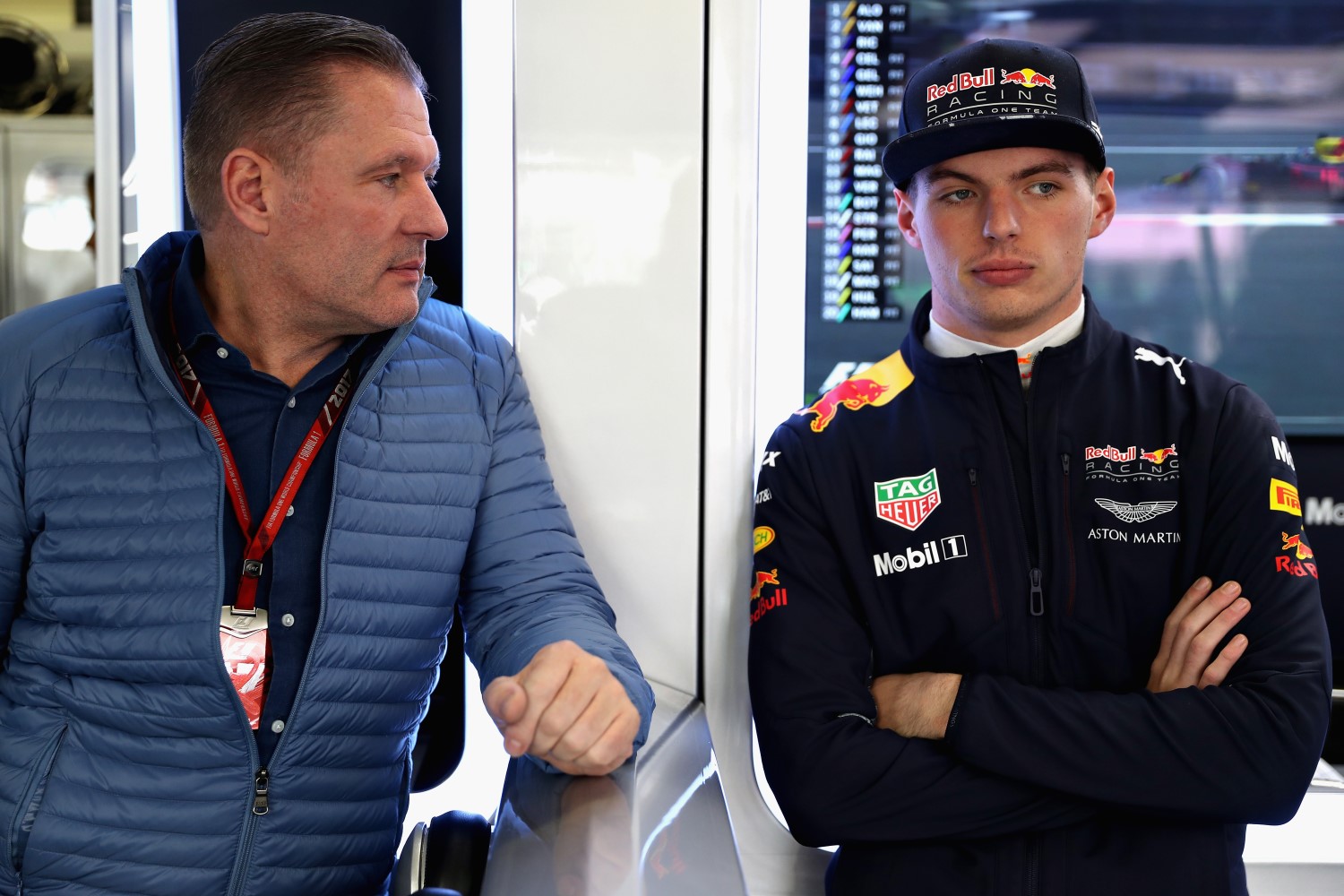 Father Jos and son Max Verstappen wait to hear about possible penalty. He was cleared.