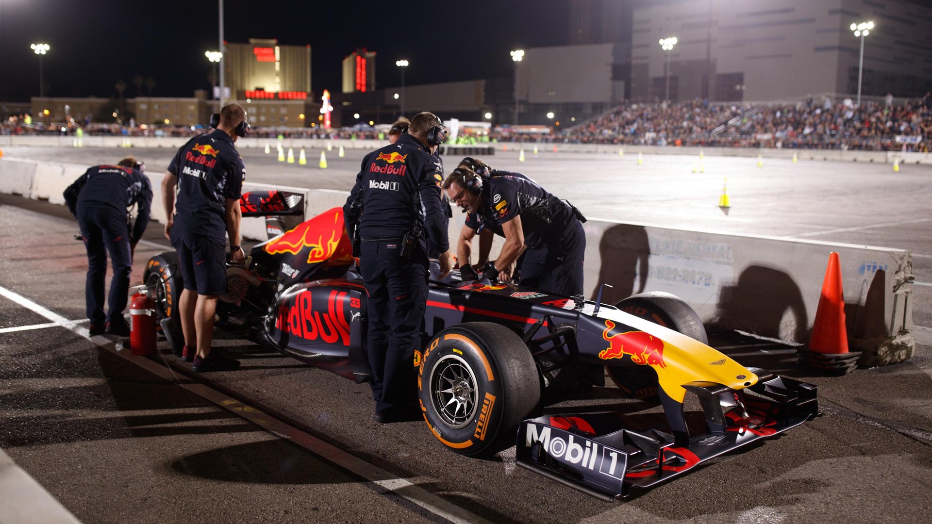 The Red Bull team prepares the car
