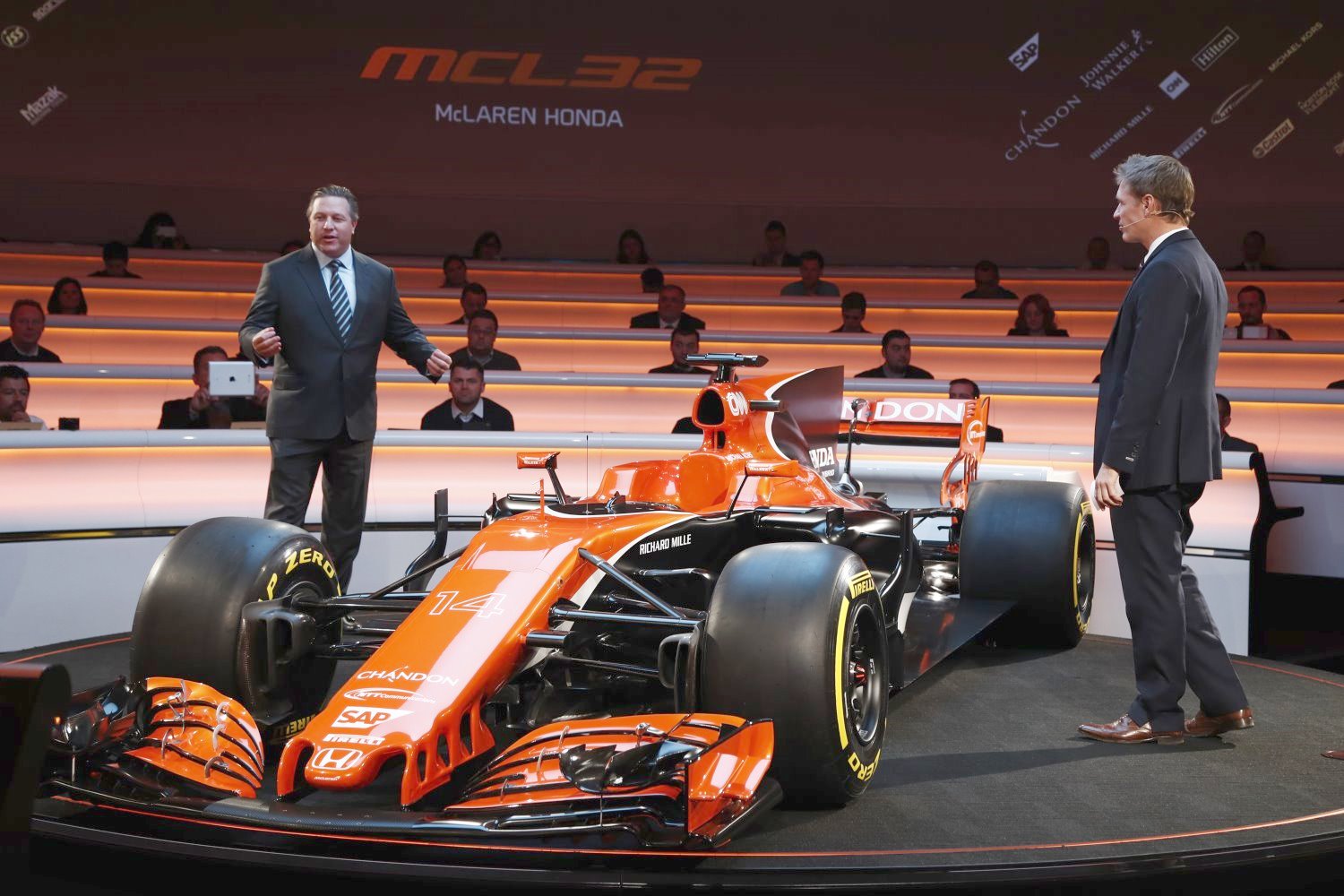 Zak Brown (L) hasn't landed a McLaren sponsor yet