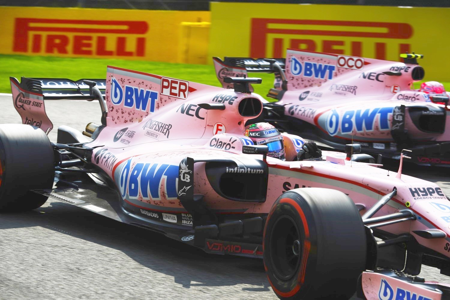 Force India drivers Ocon and Perez touched not once, but twice
