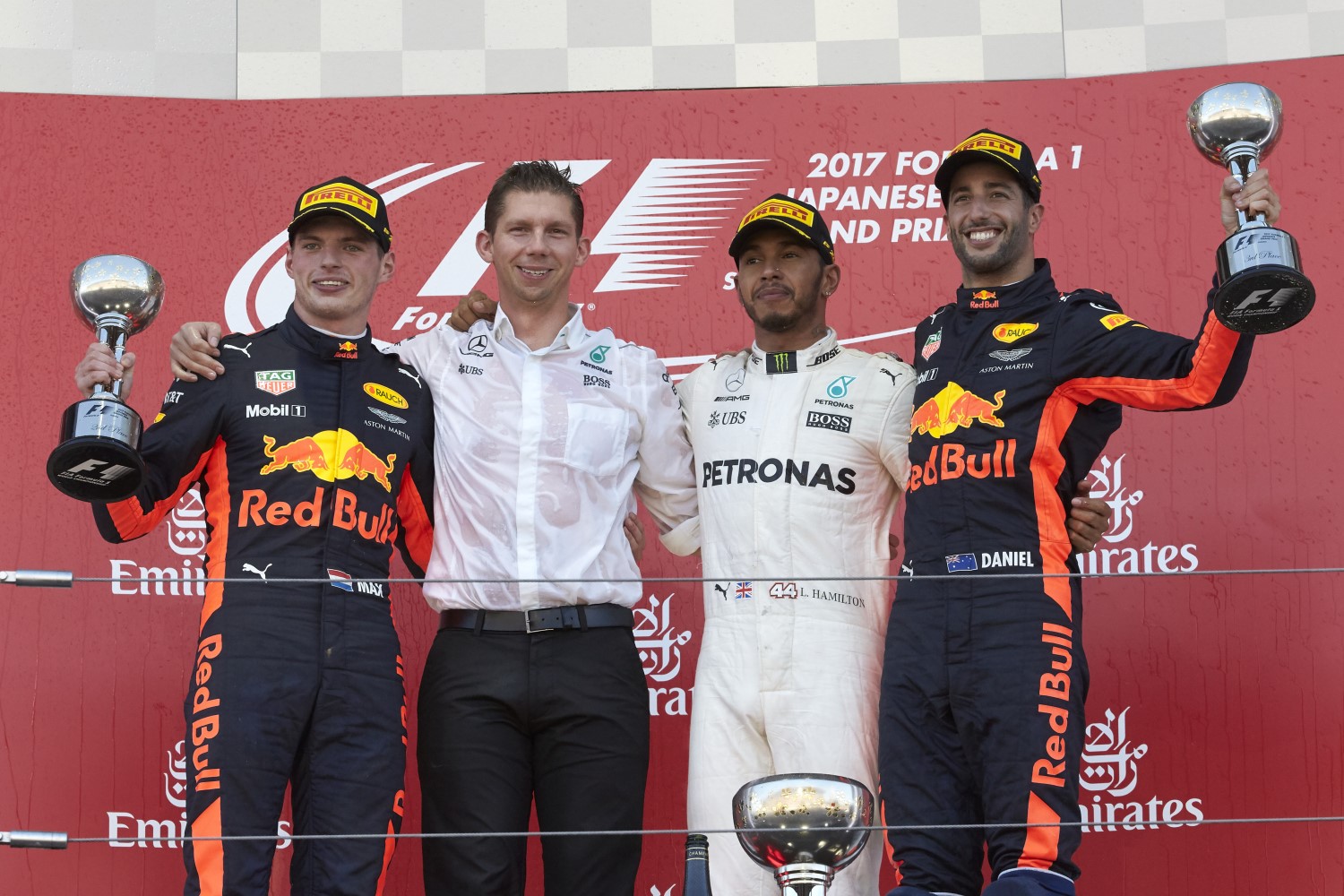 From left, Verstappen, Hamilton and Ricciardo