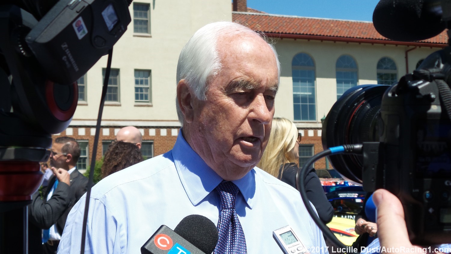 Roger Penske talks to reporters Thursday about upgrades to Belle Isle