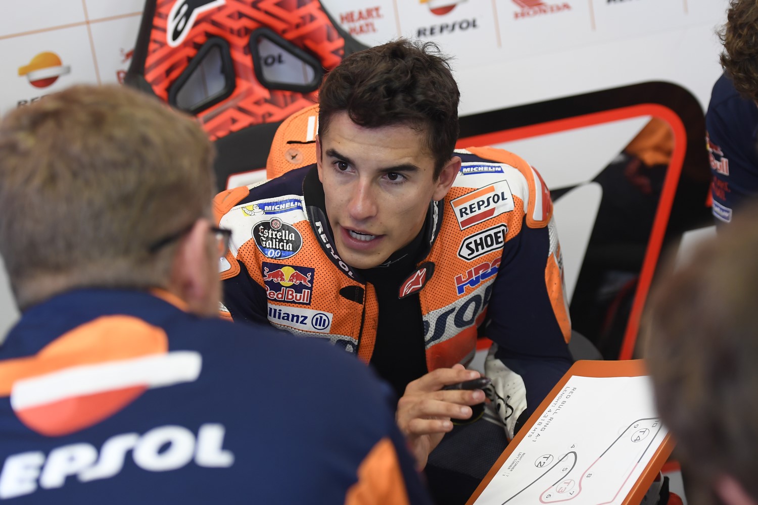 Marquez talks to his engineer