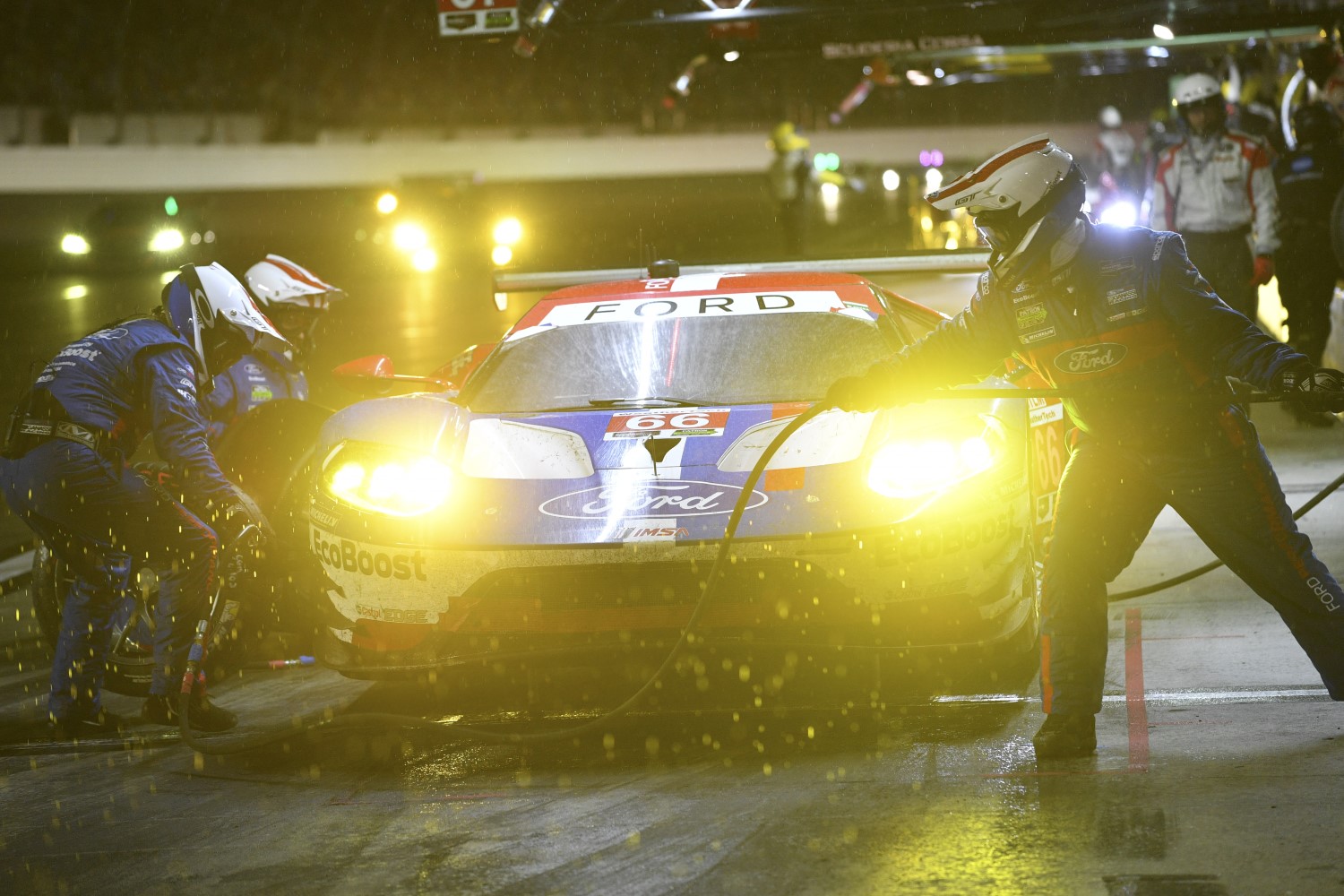 The winning #66 Ford GT stops at night