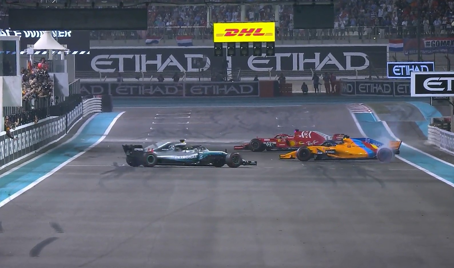 Hamilton, Vettel and Alonso do simultaneous donuts on the pit straight after the race