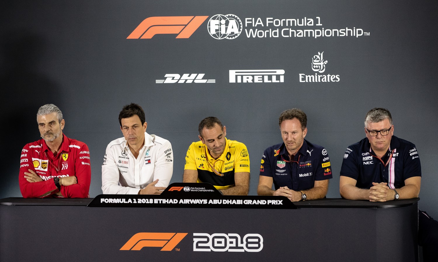 Team reps from left, Arrivabene, Wolff, Abiteboul, Horner and Szafnauer
