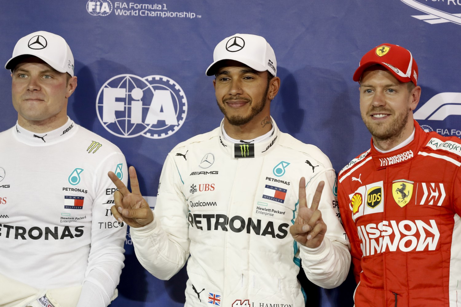 From left, Valtteri Bottas, Lewis Hamilton and Sebastian Vettel