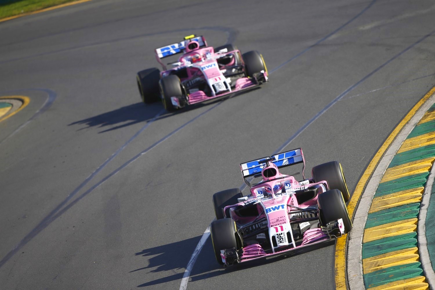 The pink Force India cars have the Mercedes 'party' mode engine
