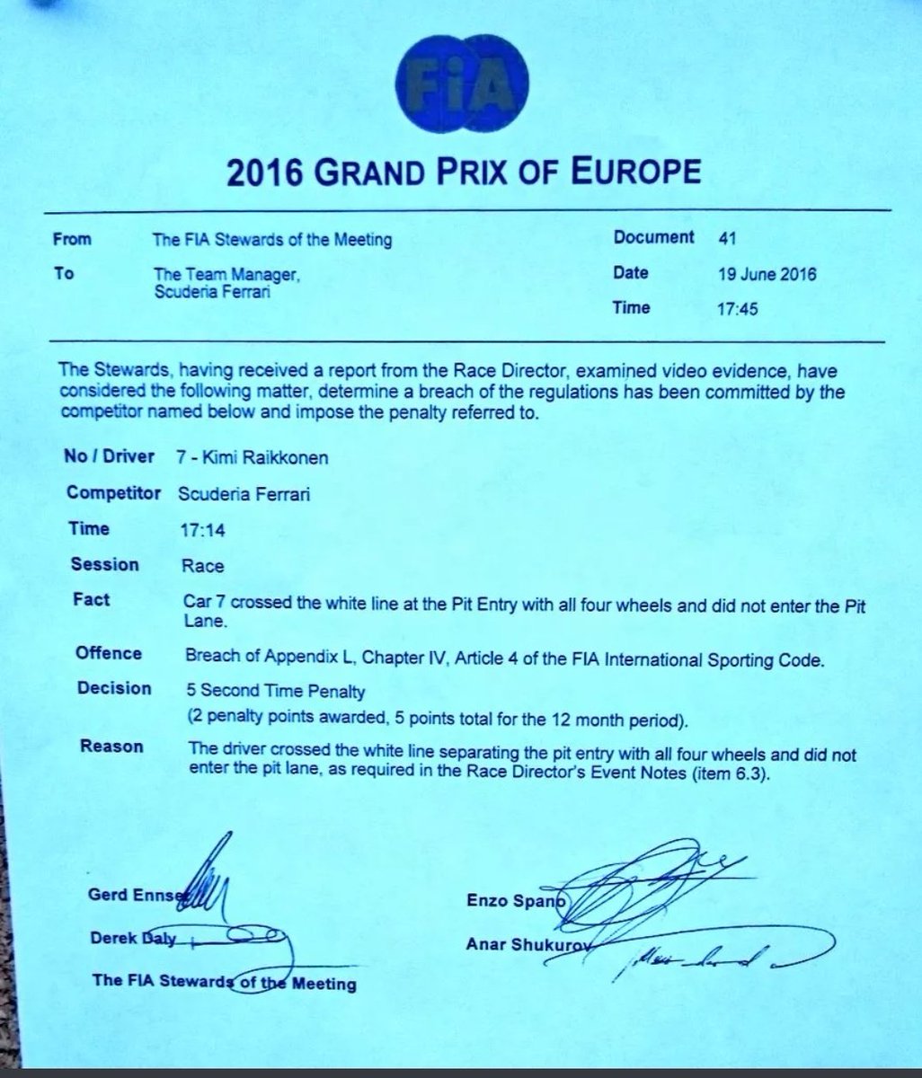 The same infraction for a Ferrari driver (Raikkonen) 2 years ago resulted in a 5-sec. penalty. But because the FIA wants Hamilton to win the F1 title, no penalty was assessed.