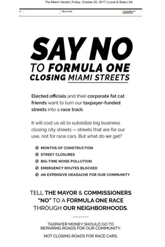Any bets the France Family is behind this? A group called Better Florida Alliance ran ad in Friday's @MiamiHerald asking residents to oppose an F1 race there.