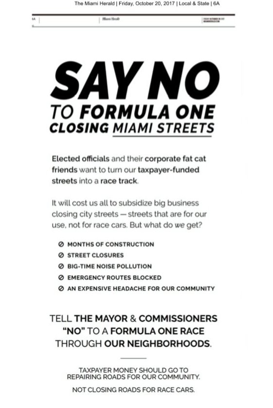 Any bets the France Family is behind this? A group called Better Florida Alliance ran ad in Friday's @MiamiHerald asking residents to oppose an F1 race there.