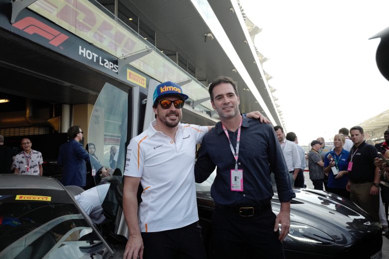 Chevy man Fernando Alonso with Chevy man Jimmie Johnson today in Bahrain