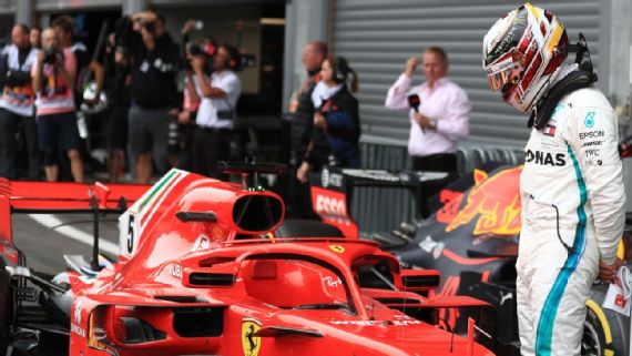Hamilton looks over the Ferrari in Spa, trying to steal whatever secrets he can