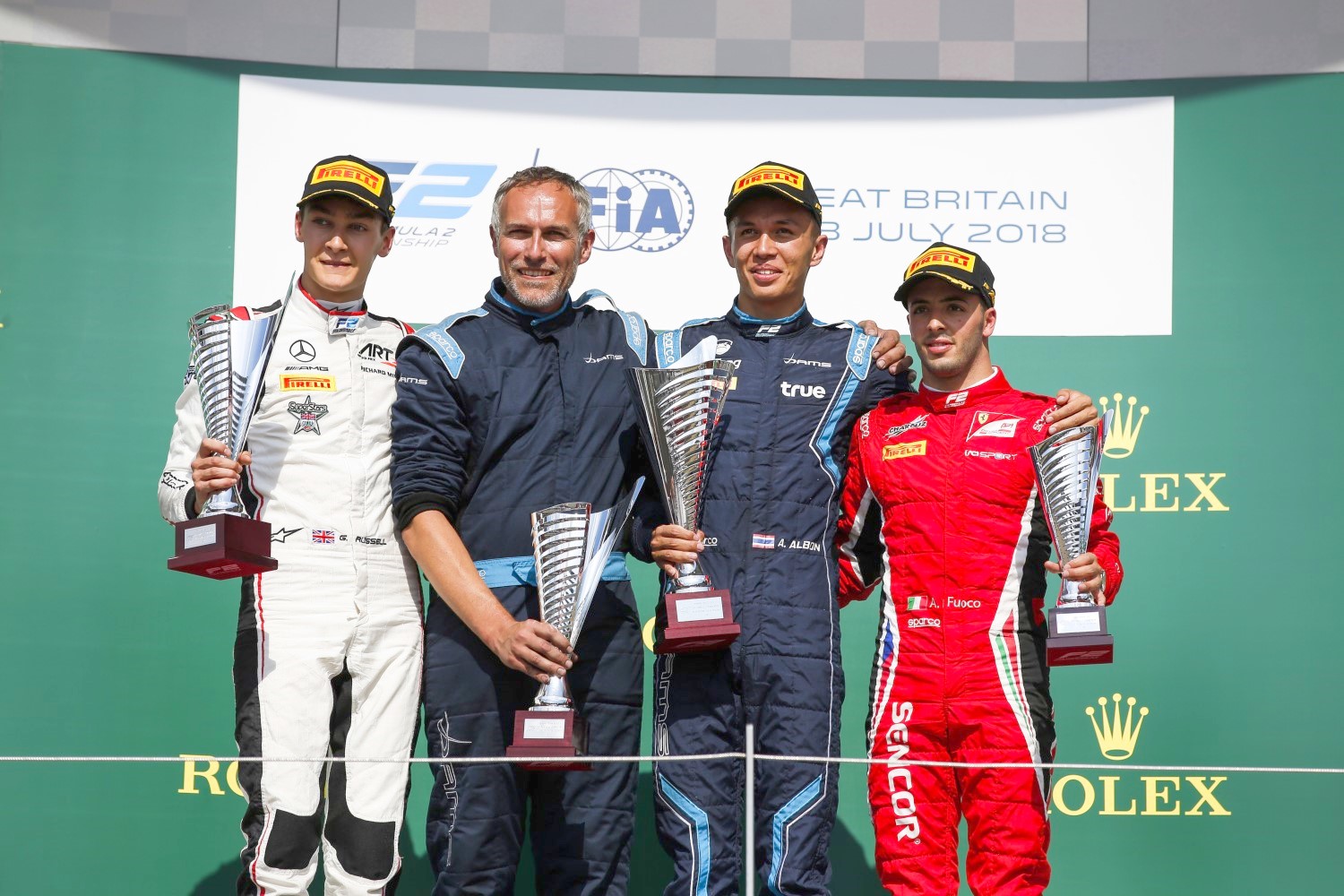 From left, George Russell (ART Grand Prix), Alexander Albon (DAMS), Antonio Fuoco (Charouz Racing System)