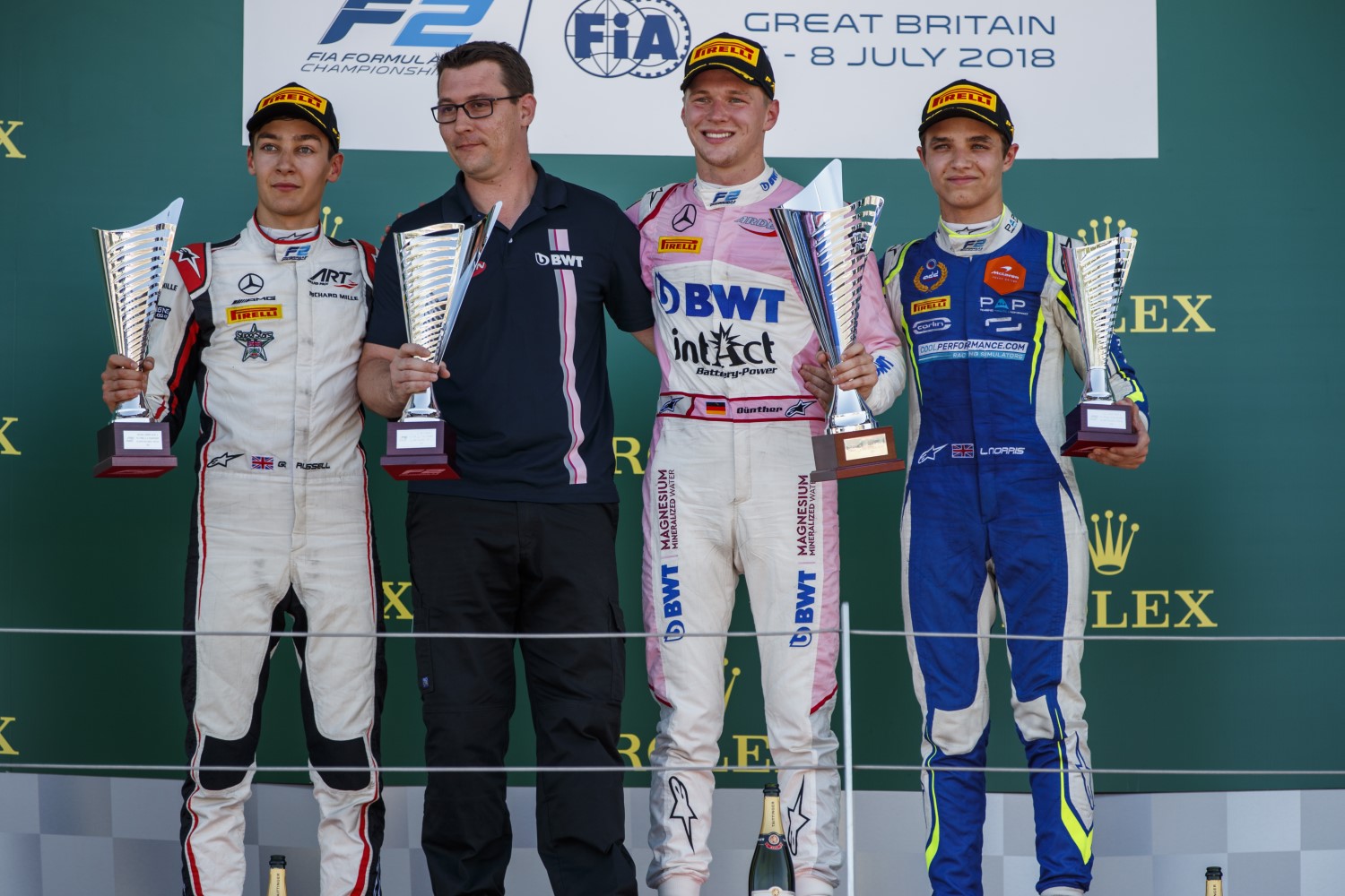 From left - George Russell (ART Grand Prix), Maximilian Gunther (BWT Arden), and Lando Norris (Carlin)