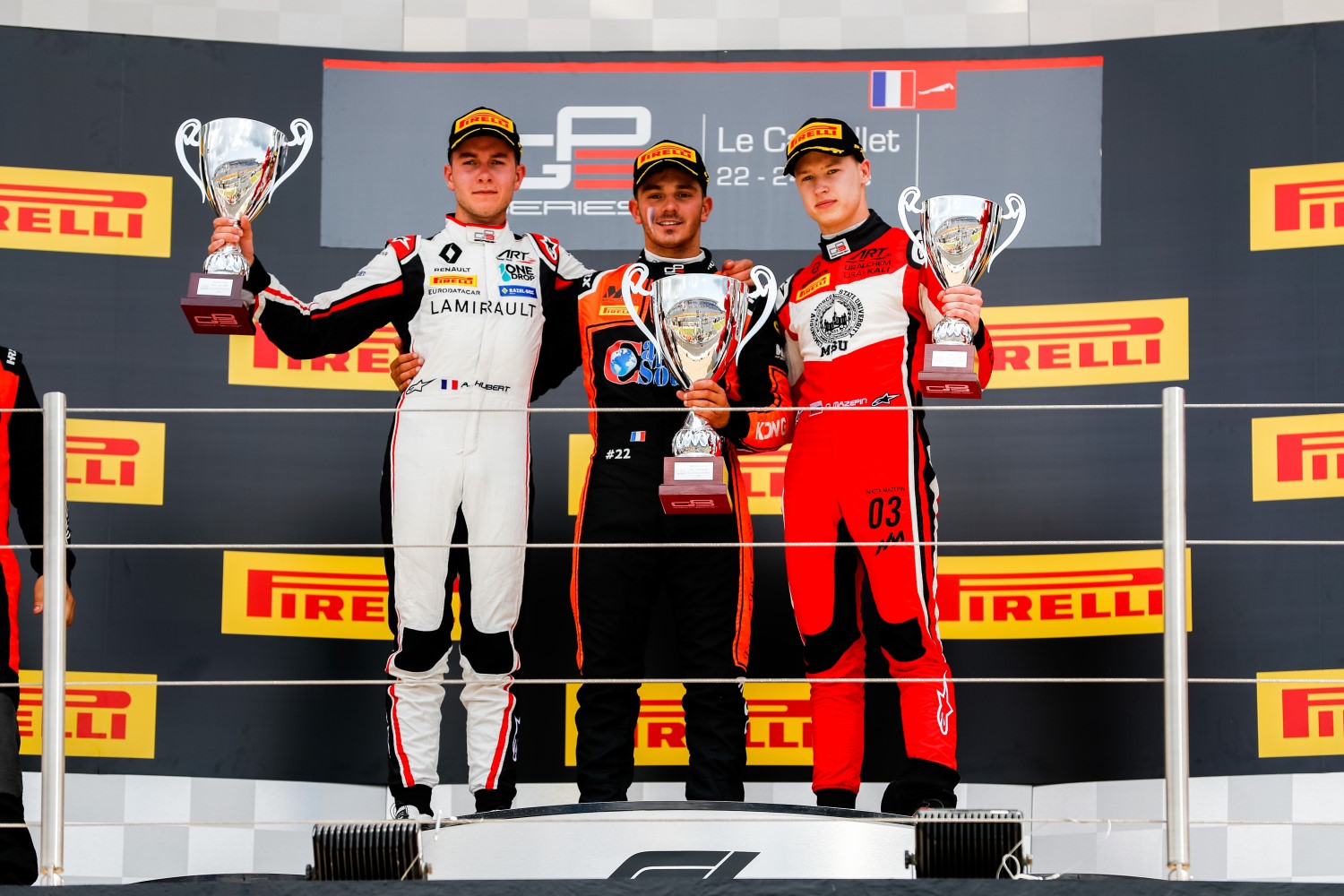 From left Anthoine Hubert (ART Grand Prix), Dorian Boccolacci (MP Motorsport), Nikita Mazepin (ART Grand Prix)