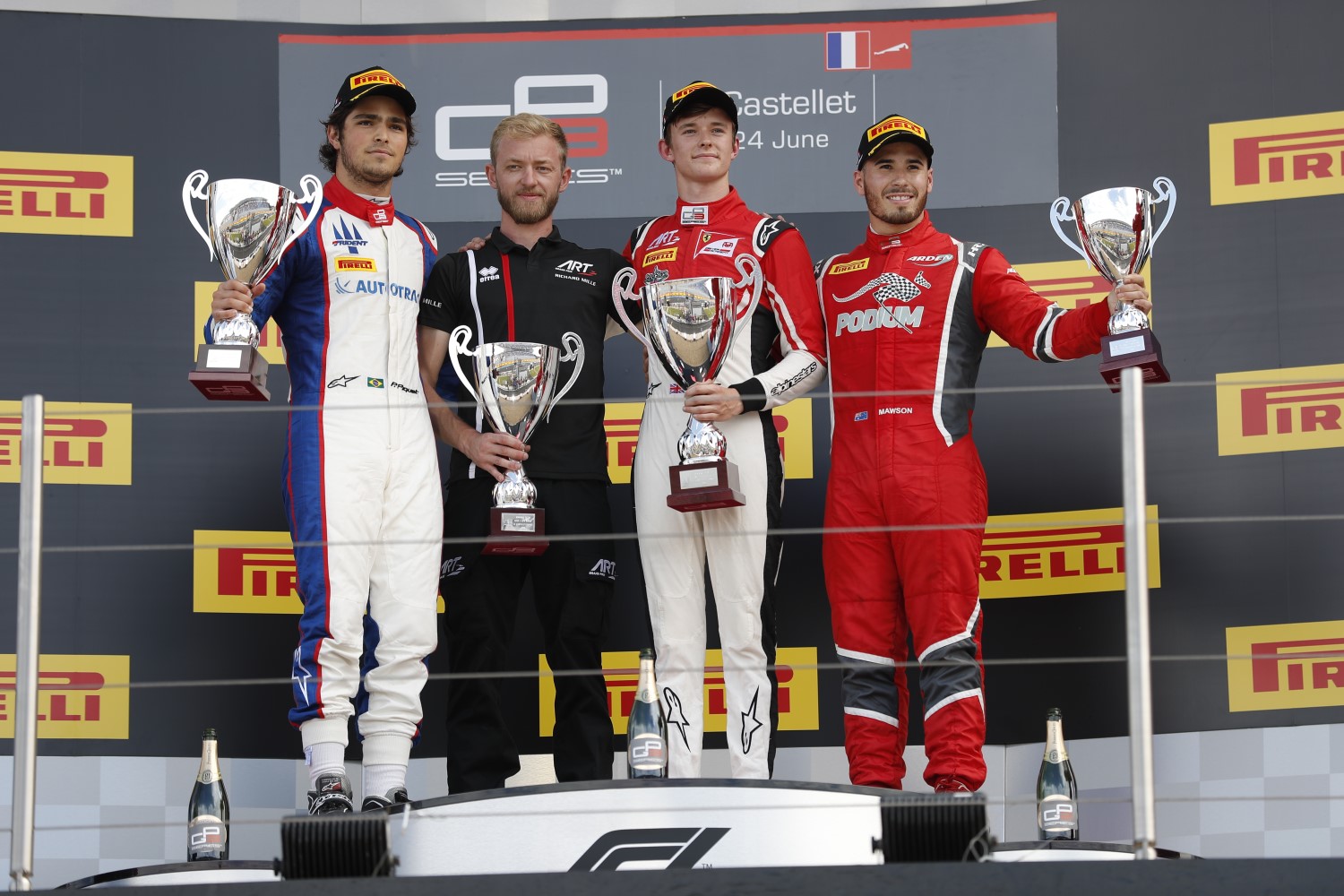 Pedro Piquet (Trident), Callum Ilott (ART Grand Prix), Joey Mawson (Arden International)