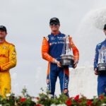 Podium from left, Hunter-Reay, Dixon and Rossi