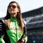 Danica Patrick smiles seeing her name in the top-9 on the leader board