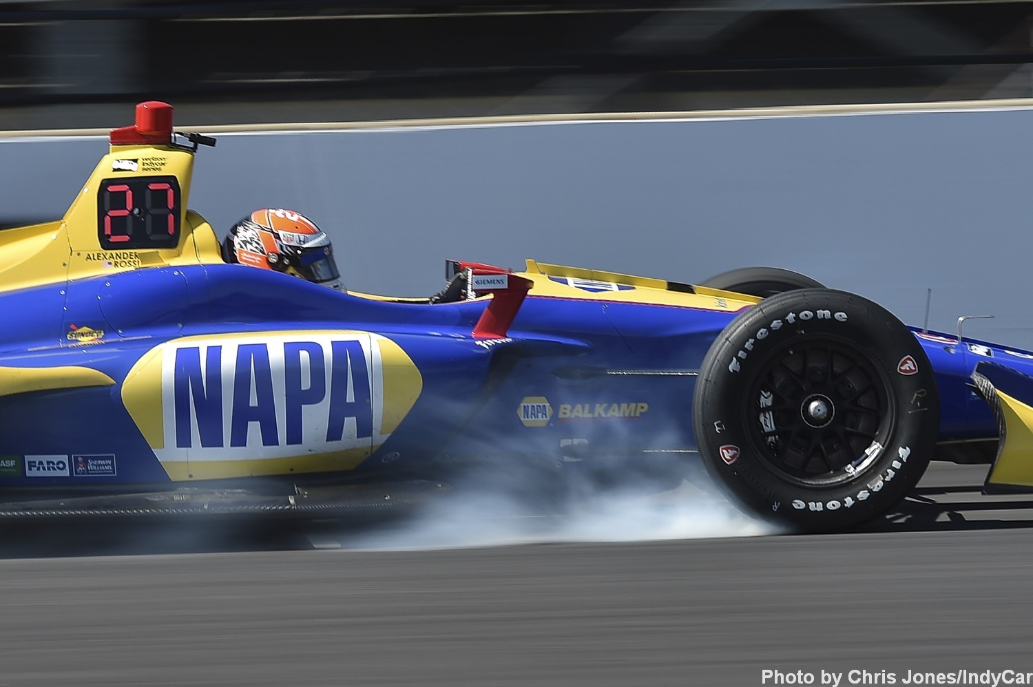 Rossi hard on the brakes setting up for Turn 12 during the manufacturers test at Indy