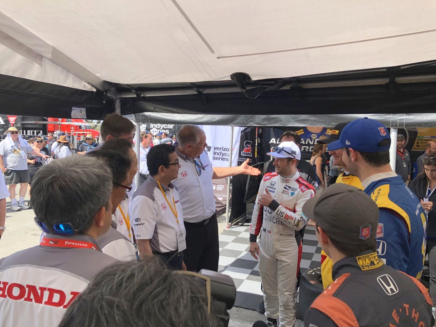 Honda Global CEO, Mr. Hachigo, meets Marco Andretti, Ryan Hunter-Reay and Alexander Rossi