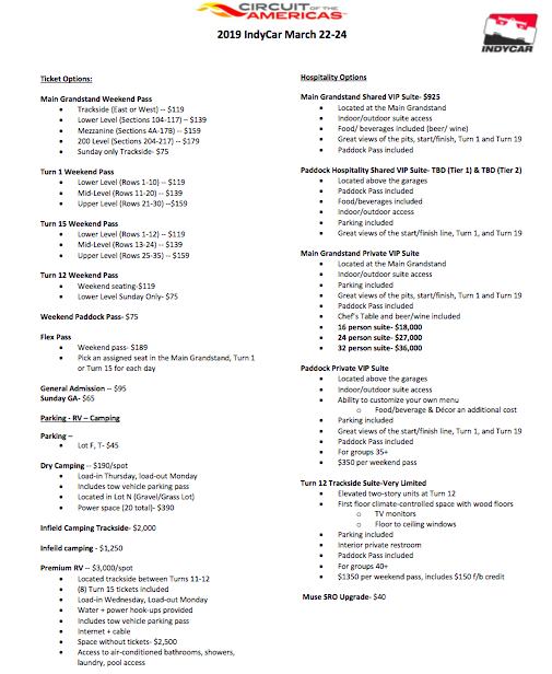 Preview of COTA IndyCar ticket prices prior to sales starting