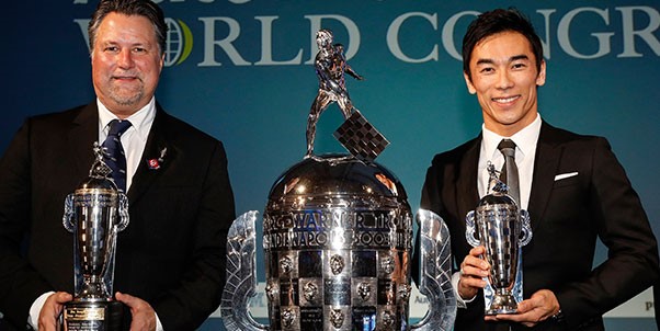 Andretti and Sato get their Baby Borgs. The biggest race in the world and those trophy's are smaller than what you get at a Saturday night dirt track race. Embarrassing.