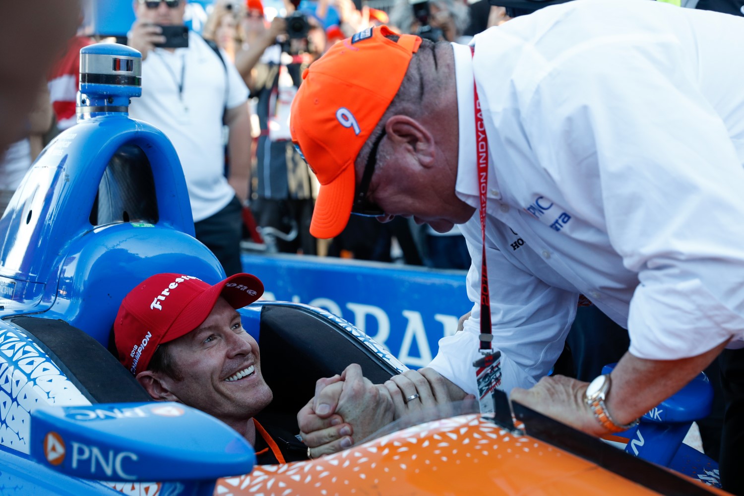 Chip Ganassi congratulates Scott Dixon on winning the 2018 IndyCar title at Sonoma